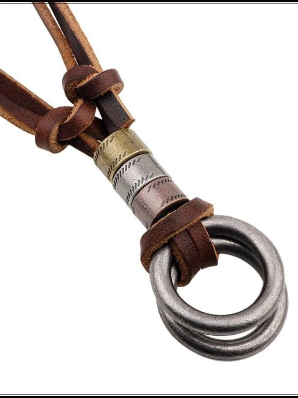 rown Leather Adjustable Pendant Necklace Double Steel Rings Fashion Jewelry